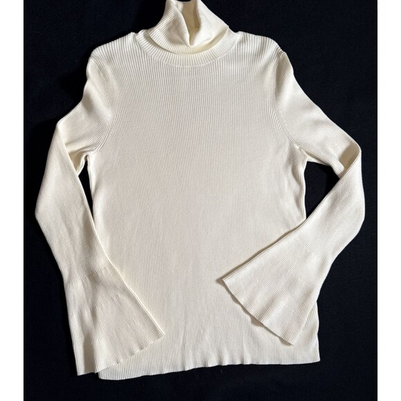 Moth Anthropologie Bell Sleeve Ribbed Knit Turtle Neck Ivory Sweater Top Medium - Picture 1 of 10